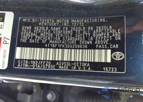 2013 Toyota Camry Se из США, поврежденный, VIN 4T1BF1FK3DU209636